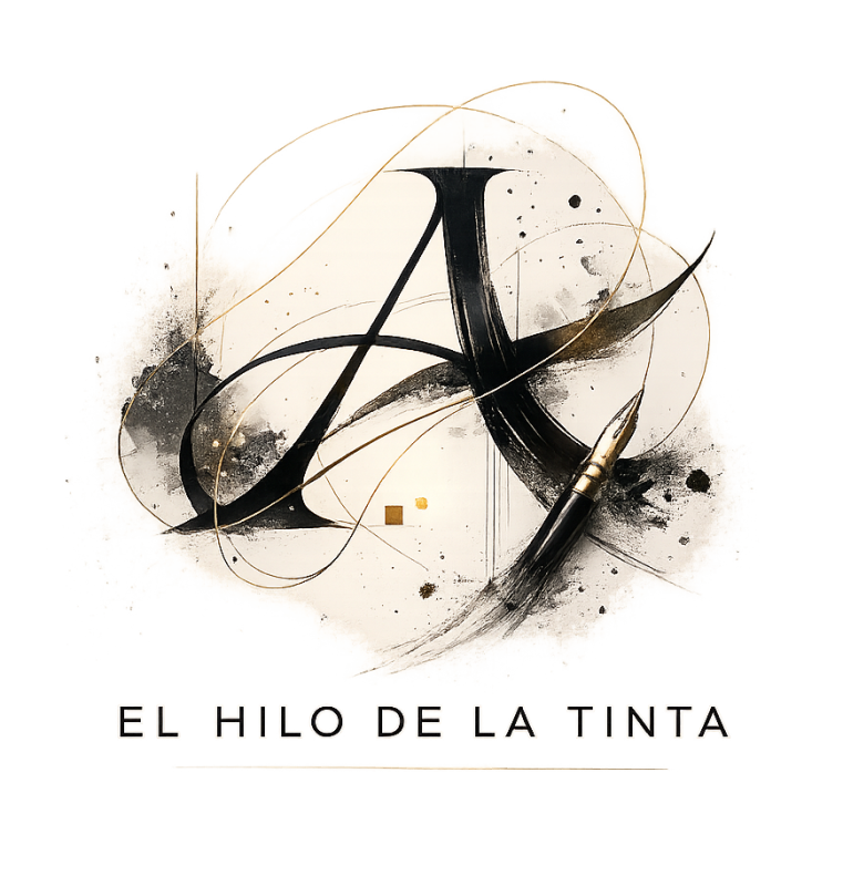 Logo de El Hilo de la Tinta, mostrando una elegante letra A caligráfica elaborada con plumilla, acompañada de salpicaduras de tinta y finos trazos geométricos.